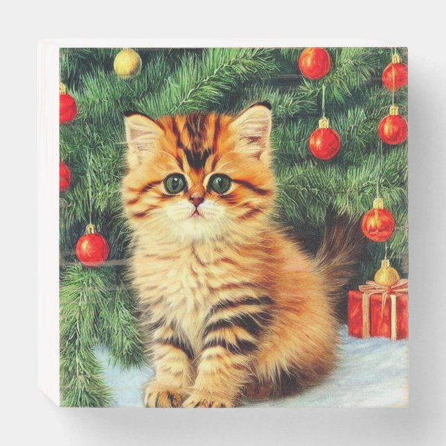 Vintage Christmas Cat Wooden Box Sign (Front Horizontal)