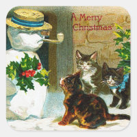 Vintage Christmas cats and snowman Holiday sticker
