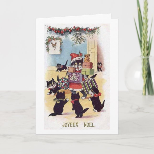 Vintage Christmas Cats - Joyeux Noel, Holiday Card (Front)