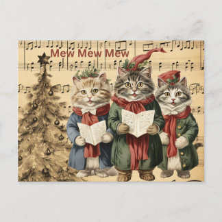Vintage Christmas Cats Singing by the Tree Holiday Postcard
