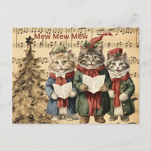 Vintage Christmas Cats Singing by the Tree  Holiday Postcard