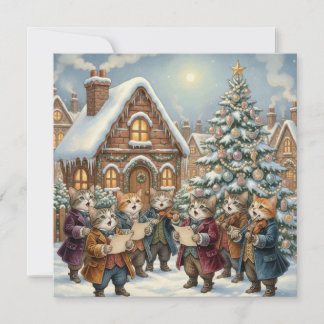 Vintage Christmas Cats Singing Near Christmas Tree Holiday Card