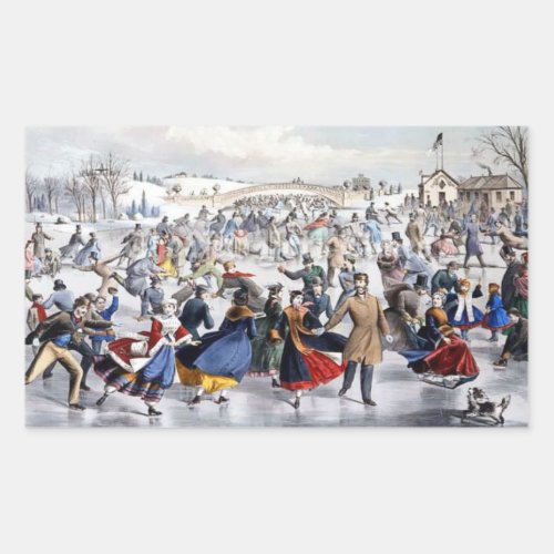 Vintage Christmas Central Park Ice Skaters Rectangular Sticker