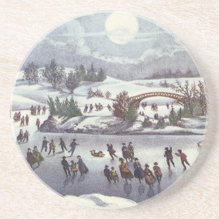 Vintage Christmas, Central Park In Winter Drink Coaster