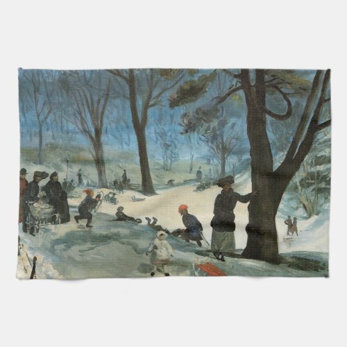 Vintage Christmas Central Park in Winter Glackens Kitchen Towel