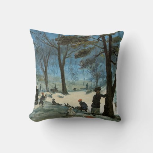 Vintage Christmas Central Park in Winter Glackens Throw Pillow