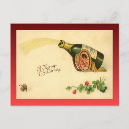 Vintage Christmas Champagne bottle Holiday Postcard