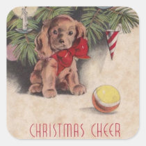 Vintage Christmas Cheer Puppy Square Sticker