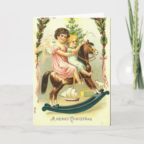 Vintage Christmas Cherubs and Rocking Horse Holiday Card