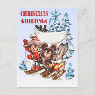 Vintage Christmas, Child and animals on skis Holiday Postcard