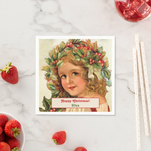 Vintage Christmas Child Holly Leaves in Her Hair Napkins