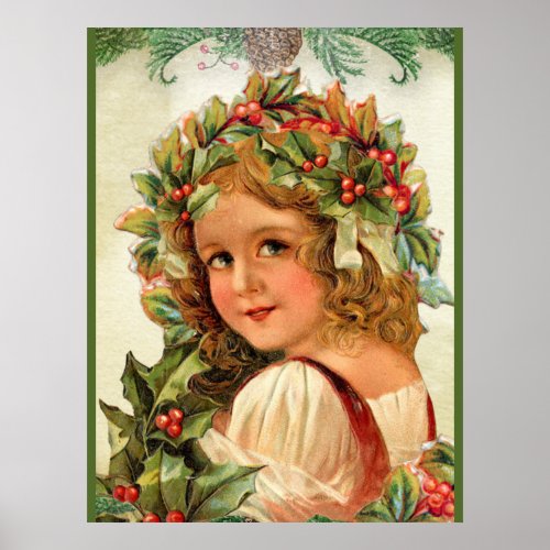 Vintage Christmas Child Holly Leaves in Her Hair Poster