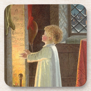 Vintage Christmas, Child Warming by the Fireplace Drink Coaster