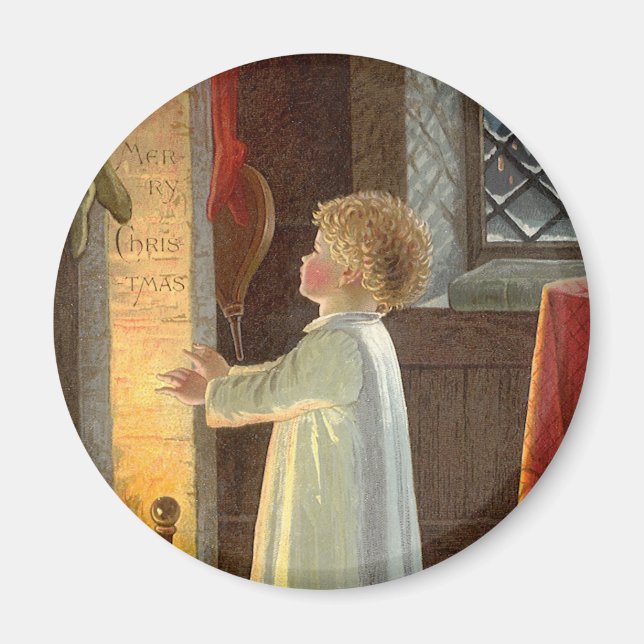 Vintage Christmas, Child Warming by the Fireplace Magnet (Front)