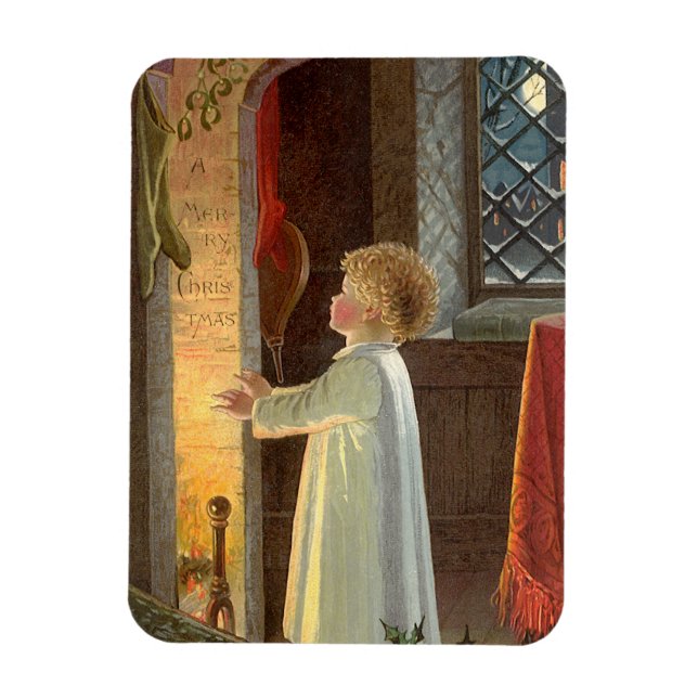 Vintage Christmas, Child Warming by the Fireplace Magnet (Vertical)