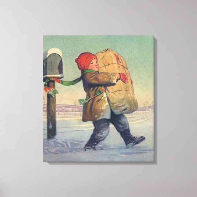 Vintage Christmas, Child with Large Package Canvas Print (Front)