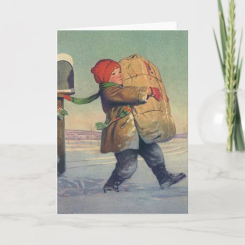 Vintage Christmas Child with Large Package Holiday Card