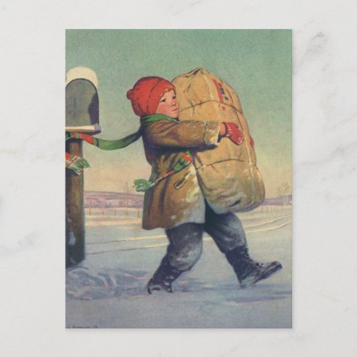 Vintage Christmas Child with Large Package Holiday Postcard