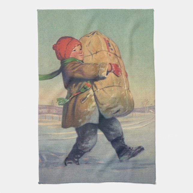 Vintage Christmas, Child with Large Package Kitchen Towel (Vertical)