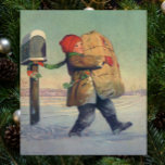 Vintage Christmas, Child with Large Package Poster<br><div class="desc">Vintage illustration Merry Christmas holiday image featuring a young boy carrying a package with Christmas presents and gifts from the mailbox through the snow in winter. The boy wearing a red hat and green scarf.</div>