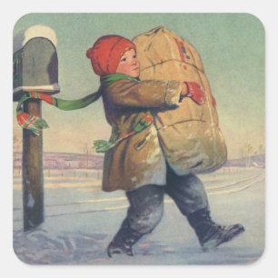 Vintage Christmas, Child with Large Package Square Sticker