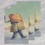 Vintage Christmas, Child with Large Package Wrapping Paper Sheets<br><div class="desc">Vintage illustration Merry Christmas holiday image featuring a young boy carrying a package with Christmas presents and gifts from the mailbox through the snow in winter. The boy wearing a red hat and green scarf.</div>