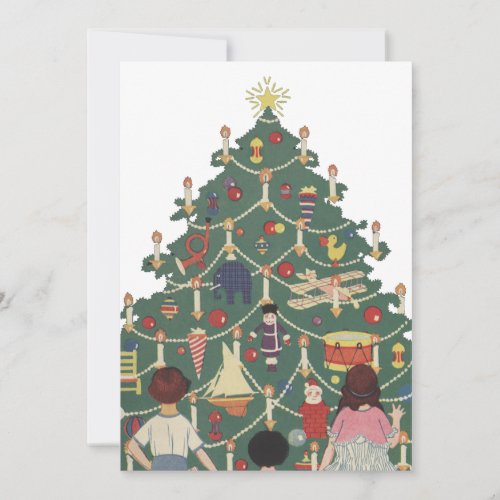 Vintage Christmas Children Around a Decorated Tree Holiday Card