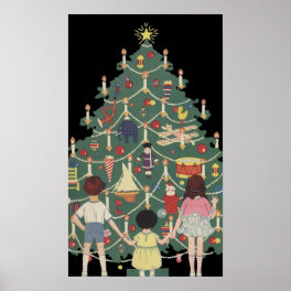 Vintage Christmas Children Around a Decorated Tree Poster