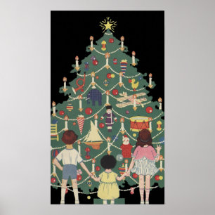 Vintage Christmas Children Around a Decorated Tree Poster