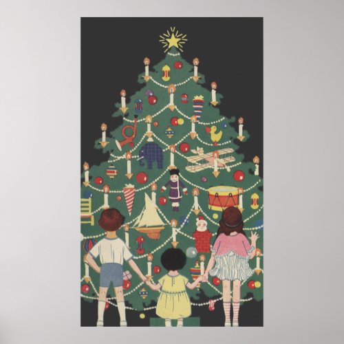 Vintage Christmas Children Around a Decorated Tree Poster