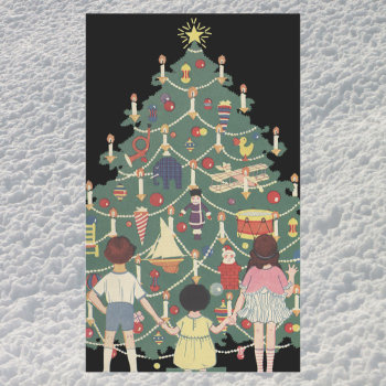 Vintage Christmas Children Around A Decorated Tree Rectangular Sticker by ChristmasCafe at Zazzle