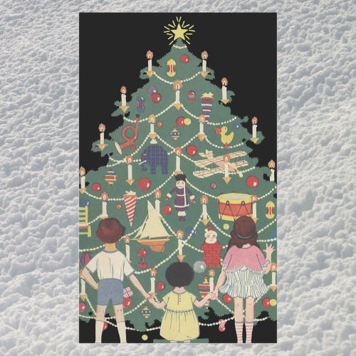 Vintage Christmas Children Around a Decorated Tree Rectangular Sticker