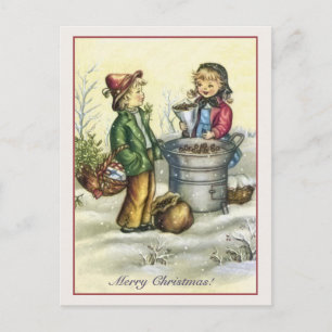 Vintage Christmas children chestnuts Holiday Postcard