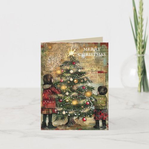 Vintage Christmas Children Decorating Tree Holiday Card