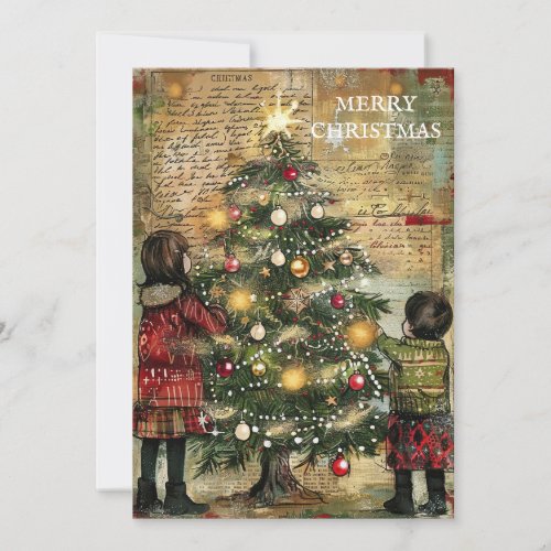 Vintage Christmas Children Decorating Tree Holiday Card