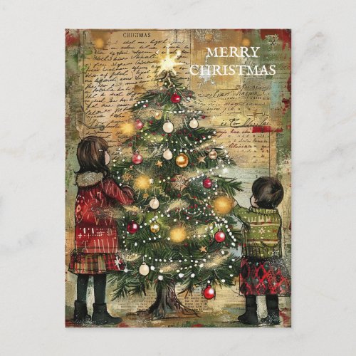 Vintage Christmas Children Decorating Tree Holiday Postcard