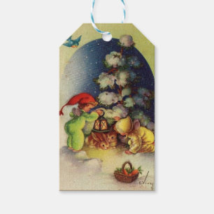 Vintage Christmas Children Feeding Bunnies Gift Tags