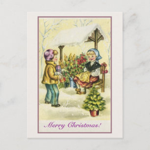 Vintage Christmas children flowers tree Holiday Postcard