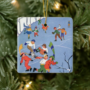 Vintage Christmas, Children Ice Skating on a Lake Ceramic Ornament