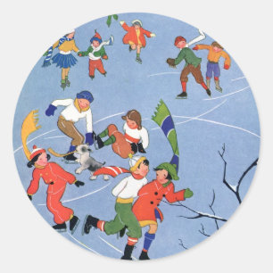 Vintage Christmas, Children Ice Skating on a Lake Classic Round Sticker