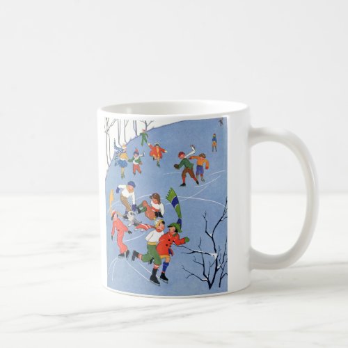 Vintage Christmas Children Ice Skating on a Lake Coffee Mug