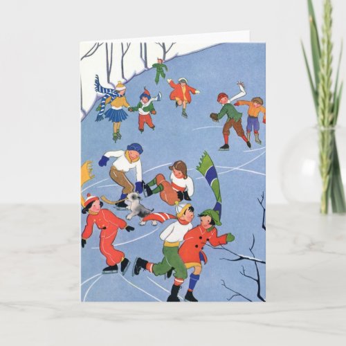 Vintage Christmas Children Ice Skating on a Lake Holiday Card