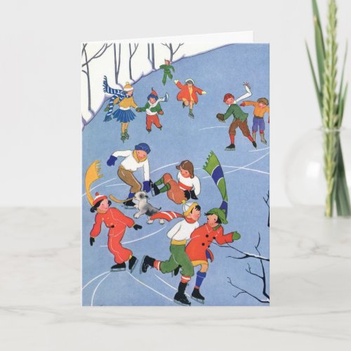 Vintage Christmas Children Ice Skating on a Lake Holiday Card