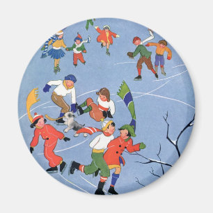 Vintage Christmas, Children Ice Skating on a Lake Magnet
