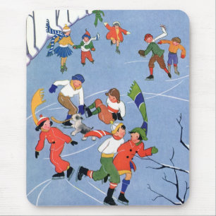 Vintage Christmas, Children Ice Skating on a Lake Mouse Pad
