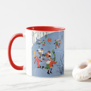 Vintage Christmas, Children Ice Skating on a Lake Mug