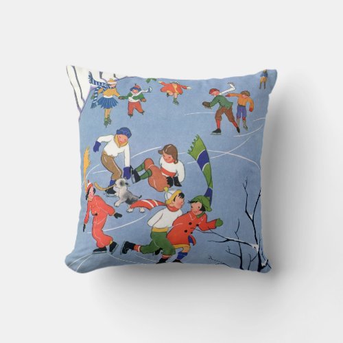 Vintage Christmas Children Ice Skating on a Lake Throw Pillow