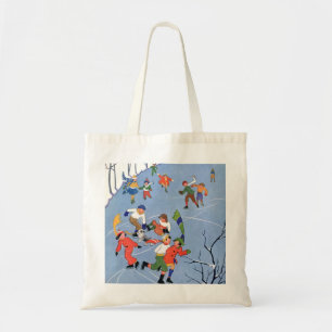 Vintage Christmas, Children Ice Skating on a Lake Tote Bag