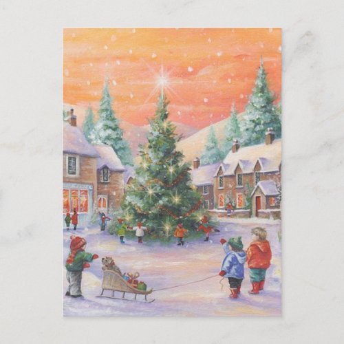Vintage Christmas Children In The Snow Holiday Postcard