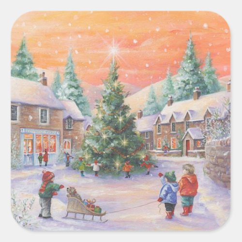 Vintage Christmas Children In The Snow Square Sticker